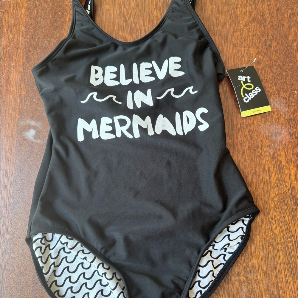 art class Black One-Piece Swimsuit with White 'Believe in Mermaids' Print